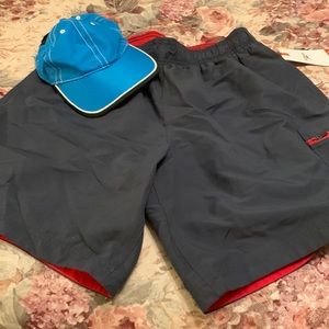 NWB Speedo swim trunks with tag & baseball hat.